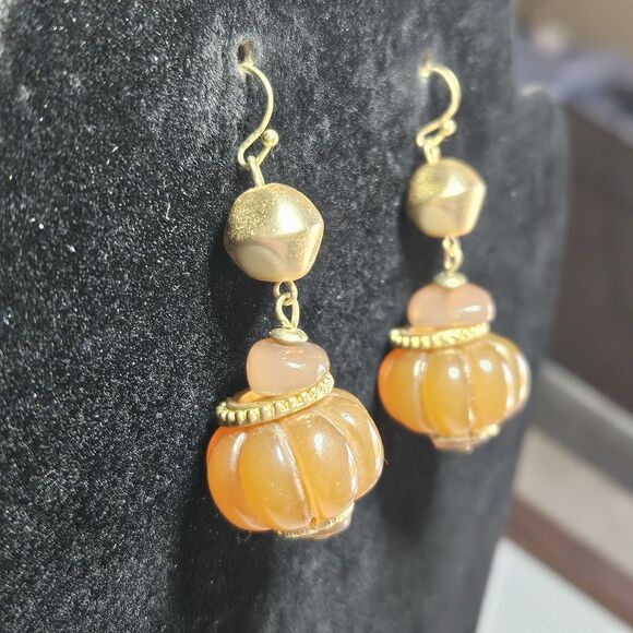 Cato Gold Tone Chunky Tan Beaded Dangling Earrings - Picture 9 of 14